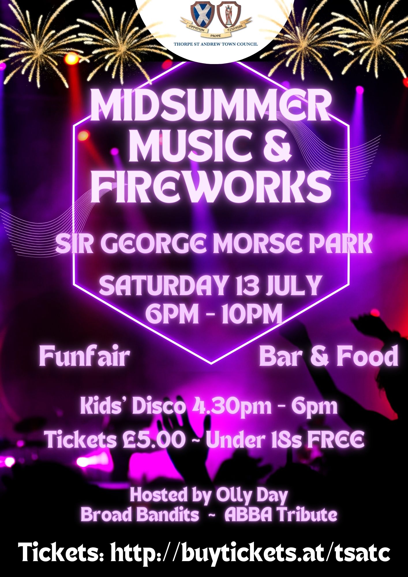 Image description: a purple and black silhouette of a music festival with yellow firework sparks at the top, and the factual information detailed in the post. Text reads "Midsummer Music & Fireworks. Sir George Morse Park. Saturday 13 July. 6pm- 10pm. Funfair. Bar & Food. Kids' Disco 4:30pm-6pm. Tickets £5.00 - under 18s free. Hosted by Olly Day, Broad Bandits and ABBA tribute. Tickets: http://buytickets.at/tsatc